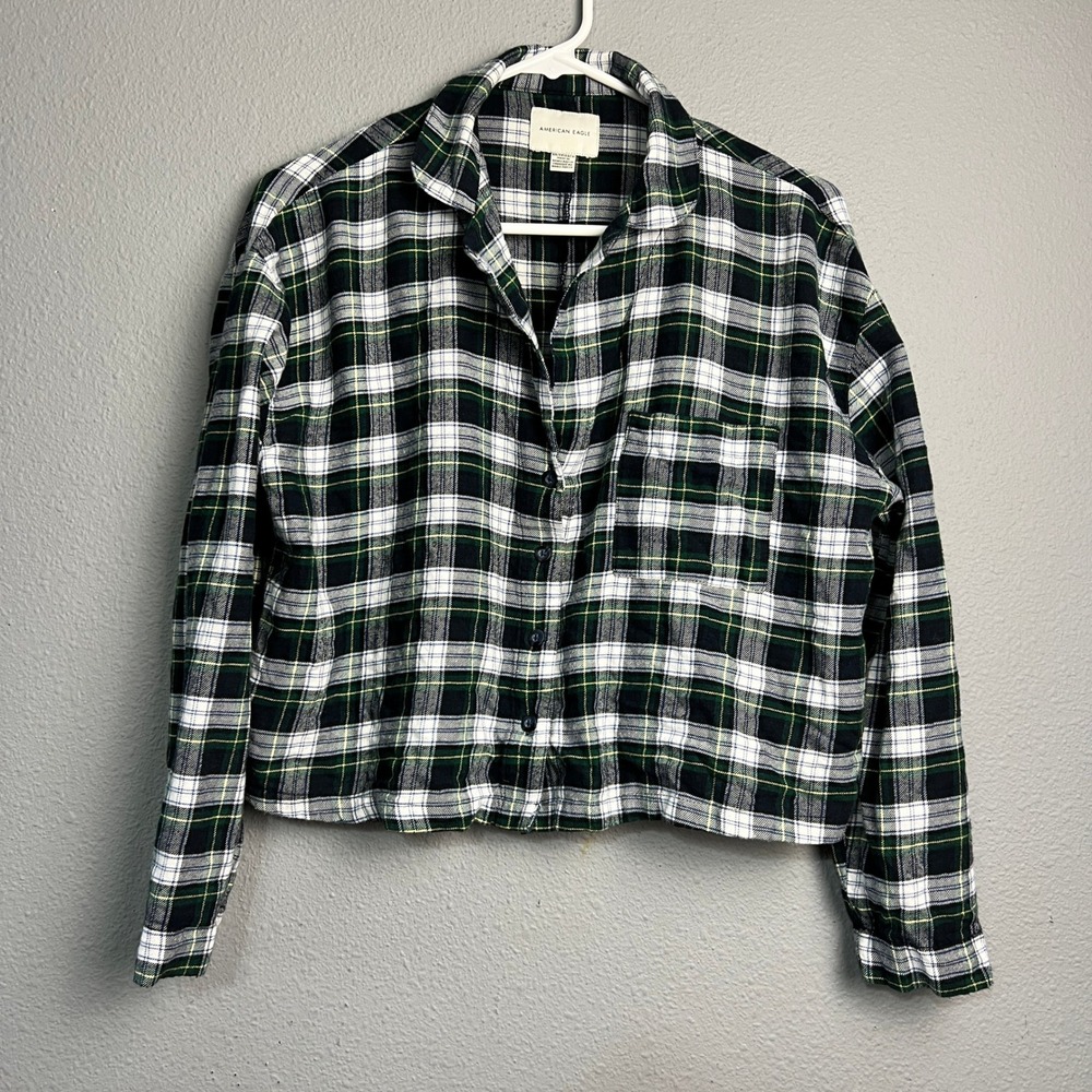 American Eagle Green Plaid Cropped Flannel Shirt Lighweight XS Long SL Button Up